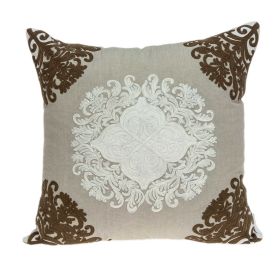 20" Beige Damask Cotton Throw Pillow