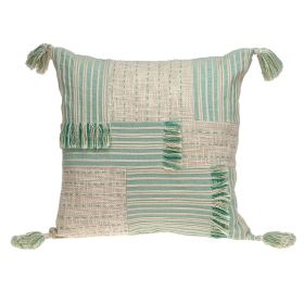 20" Beige And Mint Green Cotton Throw Pillow with Tassels And Texture