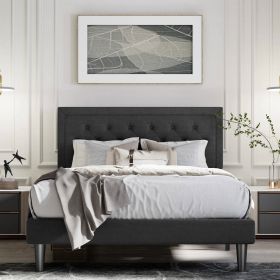 Full size Black Linen Upholstered Platform Bed with Button-Tufted Headboard