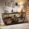 Modern Industrial 70-inch Long Narrow Console Sofa Table with Black Wood Shelves