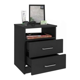 Modern 2-Drawer Nightstand End Table with Open Shelf in Black Wood Finish