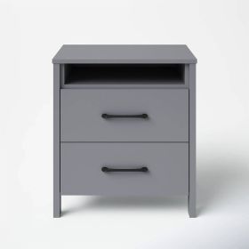 Modern 2-Drawer Bedside Table Nightstand with Open Shelf in Grey Wood Finish