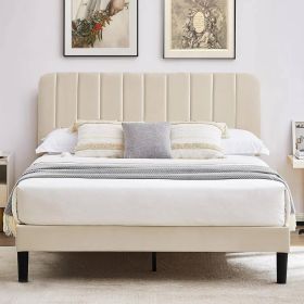 Full size Beige Upholstered Platform Bed Frame with Headboard