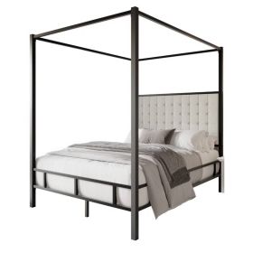 King size Black Metal Canopy Bed with Upholstered Button-Tufted Headboard