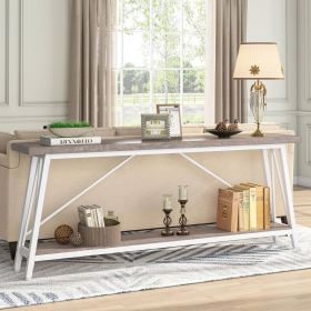Heavy Duty 70-inch Industrial Grey Wood Top Sofa Table with White Metal Frame