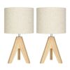 Set of 2 - Solid Wood Tripod Table Lamp with Beige Linen Drum Shade
