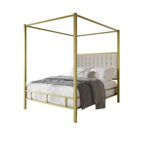 Queen size Gold Metal Canopy Bed with Upholstered Button-Tufted Headboard