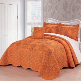 Queen size Orange Nectarine Damask Embroidered 4 Piece Oversized Bedspread Set