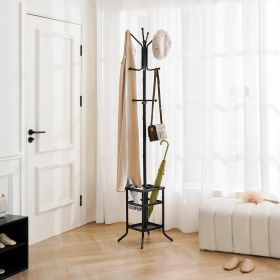 Black Metal Coat Rack Entryway Hall Tree with Umbrella Holder