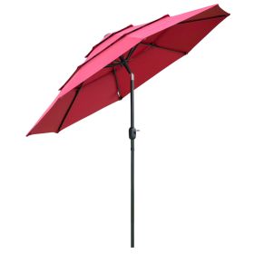 9' 3-Tier Patio Umbrella, Wine Red, Outdoor Market with Crank and Push Button Tilt