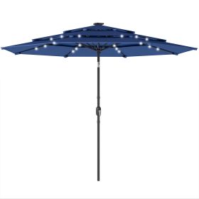 9.7 ft Outdoor Patio Umbrella with Solar LED Lights, 3 Tier Outdoor Table Umbrella with Tilt, Crank, Navy Blue