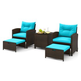 5 Pieces Patio Rattan Furniture with 2 Ottomans and Tempered Glass Coffee Table