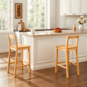 24" Indoor Full Back Wood Bar Stools with Footrest, Pine Finish, Set of 2