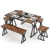 5-Piece Dining Room Set Industrial Rectangular Kitchen Table with 2 Benches and 2 Stools