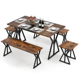 5-Piece Dining Room Set Industrial Rectangular Kitchen Table with 2 Benches and 2 Stools