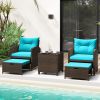 5 Pieces Patio Rattan Furniture with 2 Ottomans and Tempered Glass Coffee Table