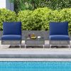 3 Pieces PE Rattan Conversation Chairs with Tempered Glass Coffee Table for Garden Porch