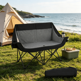 Heated Double Camping Chair 4 Heating Zones Wine Glass Holders Outdoor Portable Comfortable Seat for Camping Trips (Color: Black)