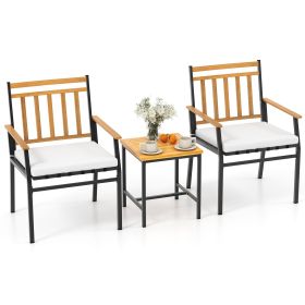 3 Pieces Outdoor Furniture Set Acacia Wood Patio Conversation Set with Cushions (Color: Off White)