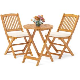 3 Pieces Acacia Wood Patio Folding Bistro Set with Soft Cushions (Color: Beige)