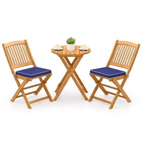 3 Pieces Acacia Wood Patio Folding Bistro Set with Soft Cushions (Color: Navy)