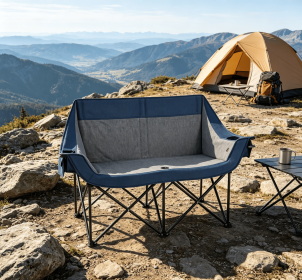 Heated Double Camping Chair 4 Heating Zones Wine Glass Holders Outdoor Portable Comfortable Seat for Camping Trips (Color: Navy)