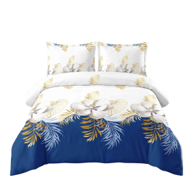3 Piece Heavyweight Duvet Cover Set, Luxury 100% Microfiber Bedding with Hidden Zipper & 4 Corner Ties (Color: Navy Blue and Gold Tropical Floral, size: Queen)