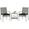 3 Piece Patio Furniture Set with Seat Cushions and Tempered Glass Tabletop for Balcony