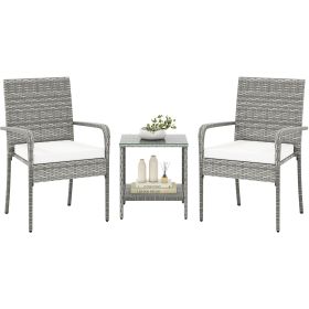 3 Piece Patio Furniture Set with Seat Cushions and Tempered Glass Tabletop for Balcony (Color: White)