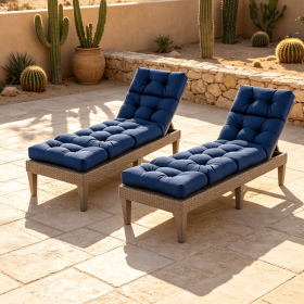 Outdoor Lounge Chaise Cushion Set of 2 73 X 22 with High Back String Ties for Comfortable Seating (Color: Navy)