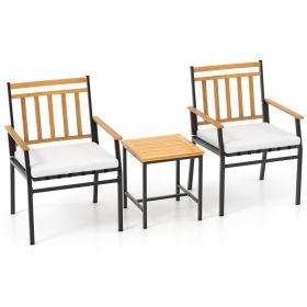 3 Pieces Outdoor Furniture Set Acacia Wood Patio Conversation Set with Cushions (Color: White)