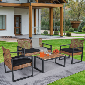 4-Piece Patio Furniture Set Outdoor Balcony Porch Garden Backyard Lawn Furniture Acacia Wood Table Top, Morden Black and Light Brown (Color: as Pic)