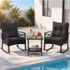 3 Pieces Outdoor Rattan Rocking Chairs Set with  2-Tier Side Table for Garden Backyard